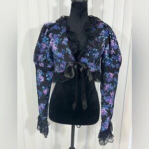 WIDOW Frozen Over Floral Print Brocade Cropped Jacket Lace Trim Puff Sleeves S